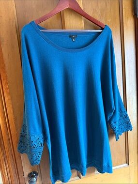 Talbots Teal Blue Crochet-Sleeve Pullover